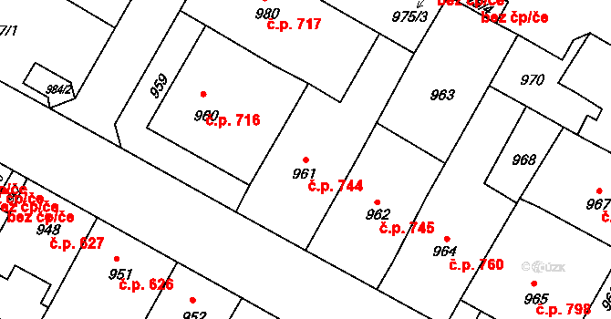 Předměstí 744, Litoměřice na parcele st. 961 v KÚ Litoměřice, Katastrální mapa