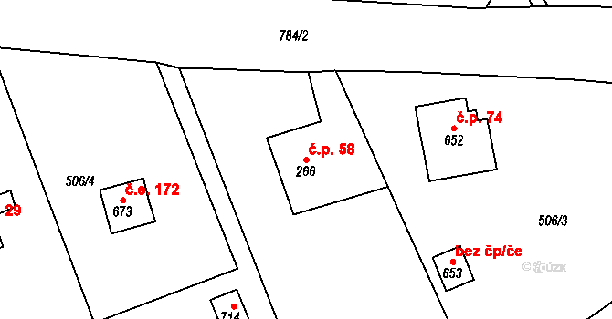 Čtyřkoly 58 na parcele st. 266 v KÚ Čtyřkoly, Katastrální mapa