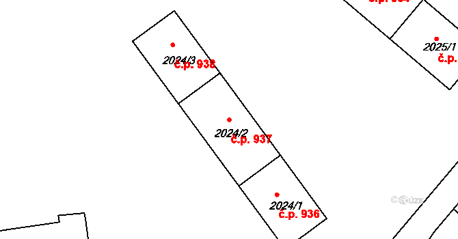 Bystřice nad Pernštejnem 937 na parcele st. 2024/2 v KÚ Bystřice nad Pernštejnem, Katastrální mapa