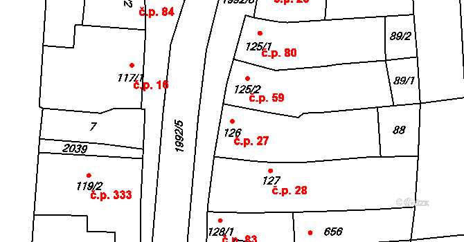 Louky 27, Zlín na parcele st. 126 v KÚ Louky nad Dřevnicí, Katastrální mapa
