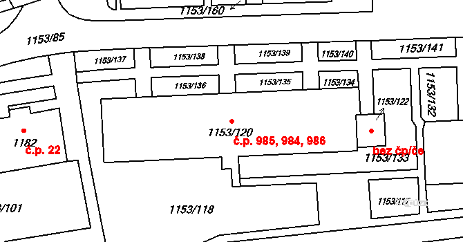 Kylešovice 984,985,986, Opava na parcele st. 1153/120 v KÚ Kylešovice, Katastrální mapa