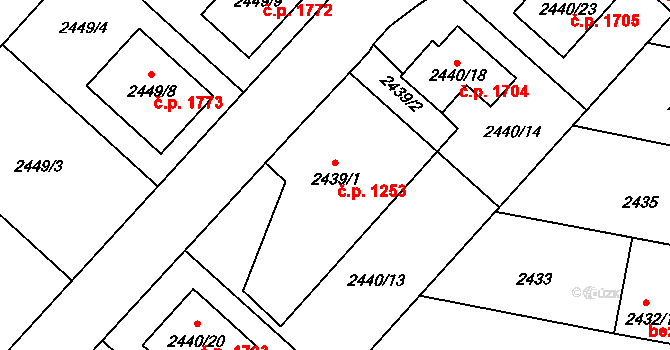 Kunovice 1253 na parcele st. 2439/1 v KÚ Kunovice u Uherského Hradiště, Katastrální mapa