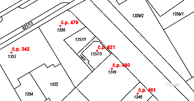Hrušky 621 na parcele st. 1357/3 v KÚ Hrušky, Katastrální mapa