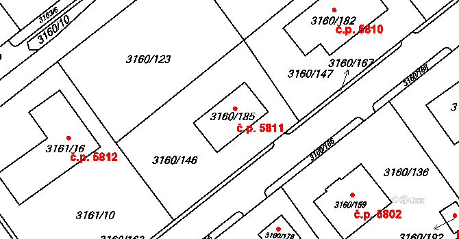 Chomutov 5811 na parcele st. 3160/185 v KÚ Chomutov II, Katastrální mapa