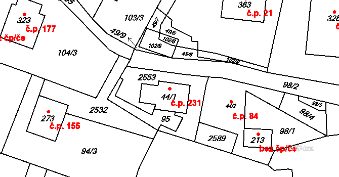 Leskovec 231 na parcele st. 44/1 v KÚ Leskovec, Katastrální mapa