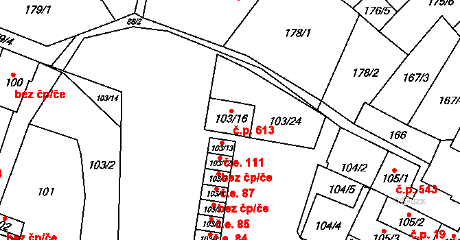 Zastávka 613 na parcele st. 103/16 v KÚ Zastávka, Katastrální mapa