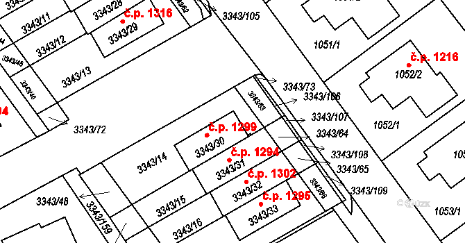 Třešť 1299 na parcele st. 3343/30 v KÚ Třešť, Katastrální mapa