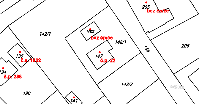 Mosty 22, Český Těšín na parcele st. 147 v KÚ Mosty u Českého Těšína, Katastrální mapa
