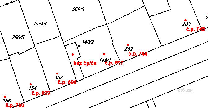 Rudná 697 na parcele st. 149/1 v KÚ Hořelice, Katastrální mapa