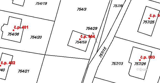 Srubec 954 na parcele st. 754/59 v KÚ Srubec, Katastrální mapa