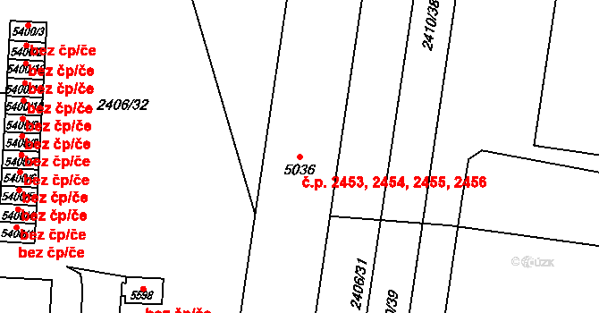 Zelené Předměstí 2453,2454,2455,2456, Pardubice na parcele st. 5036 v KÚ Pardubice, Katastrální mapa