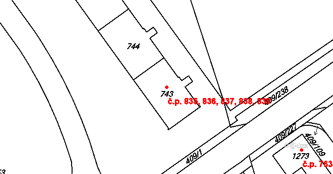 Studánka 835,836,837,838,839, Pardubice na parcele st. 743 v KÚ Studánka, Katastrální mapa