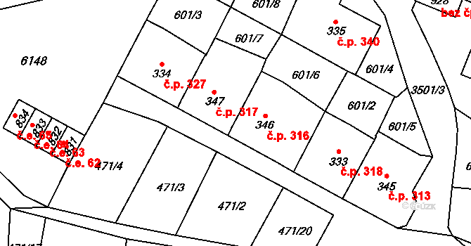 Lysice 316 na parcele st. 346 v KÚ Lysice, Katastrální mapa