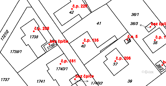 Zadní Třebaň 135 na parcele st. 40 v KÚ Zadní Třebaň, Katastrální mapa