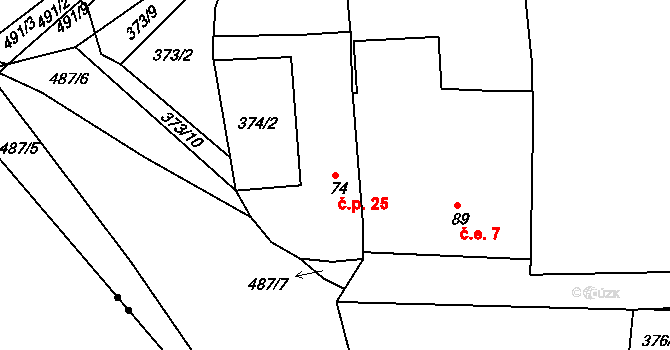 Lhota 25, Merklín na parcele st. 74 v KÚ Kloušov, Katastrální mapa
