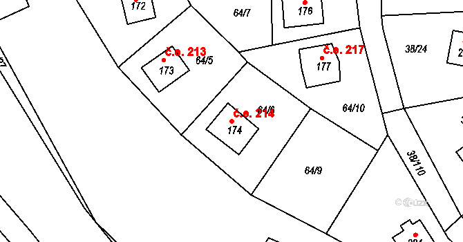 Hracholusky 214, Úlice na parcele st. 174 v KÚ Hracholusky nade Mží, Katastrální mapa
