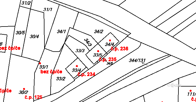 Milovice 235 na parcele st. 33/5 v KÚ Milovice u Mikulova, Katastrální mapa