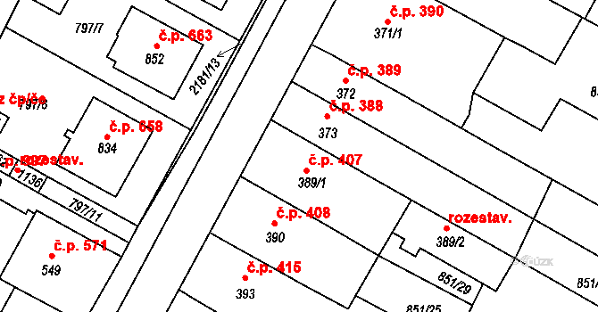 Lišov 407 na parcele st. 389/1 v KÚ Lišov, Katastrální mapa