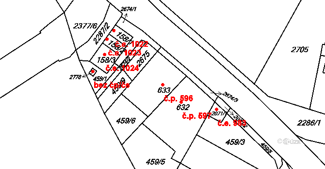 Tišnov 596 na parcele st. 633 v KÚ Tišnov, Katastrální mapa