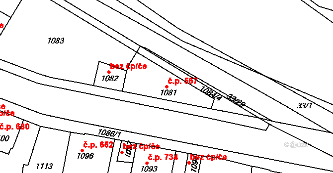 Švermov 567, Kladno na parcele st. 1081 v KÚ Motyčín, Katastrální mapa