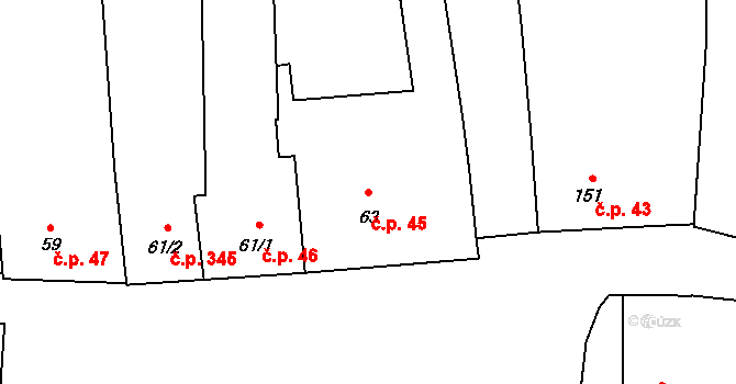 Křelov 45, Křelov-Břuchotín na parcele st. 63 v KÚ Křelov, Katastrální mapa