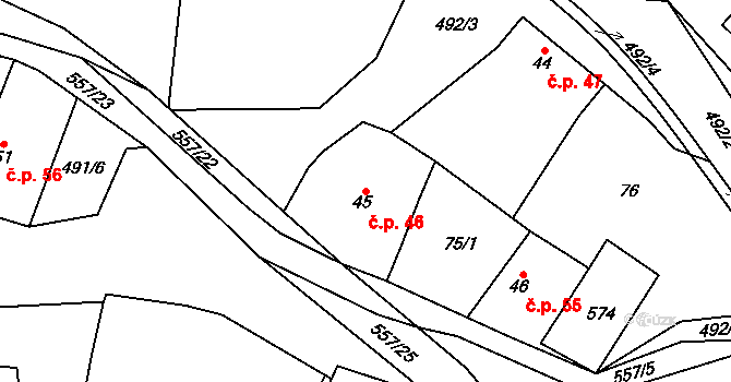 Třebovětice 46, Cerekvice nad Bystřicí na parcele st. 45 v KÚ Třebovětice, Katastrální mapa