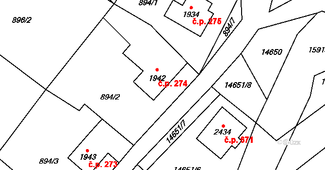 Hovězí 274 na parcele st. 1942 v KÚ Hovězí, Katastrální mapa