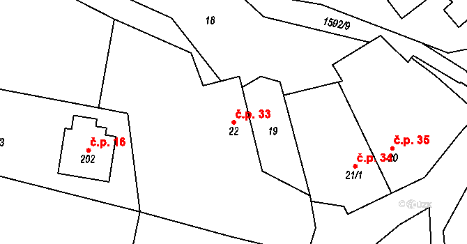 Kladeruby 33 na parcele st. 22 v KÚ Kladeruby, Katastrální mapa