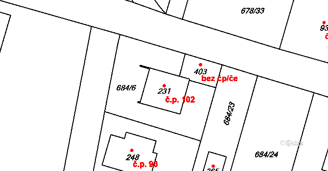 Petříkov 102 na parcele st. 231 v KÚ Petříkov u Velkých Popovic, Katastrální mapa