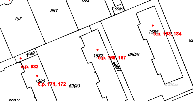 Týn 167,168, Třebíč na parcele st. 1582 v KÚ Podklášteří, Katastrální mapa