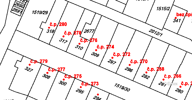 Lačnov 274, Svitavy na parcele st. 309 v KÚ Moravský Lačnov, Katastrální mapa