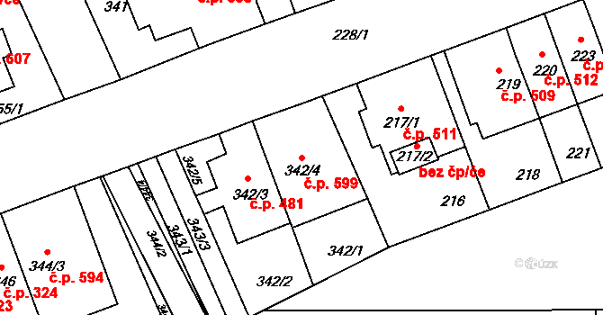 Komárov 599, Brno na parcele st. 342/4 v KÚ Komárov, Katastrální mapa