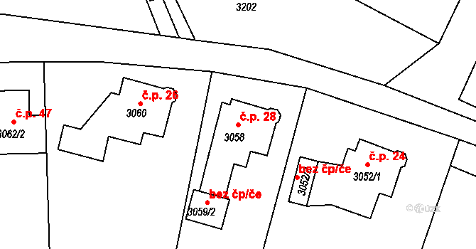 Pelechov 28, Železný Brod na parcele st. 3058 v KÚ Železný Brod, Katastrální mapa