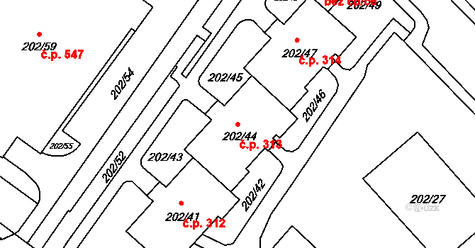 Frýdek 313, Frýdek-Místek na parcele st. 202/44 v KÚ Frýdek, Katastrální mapa