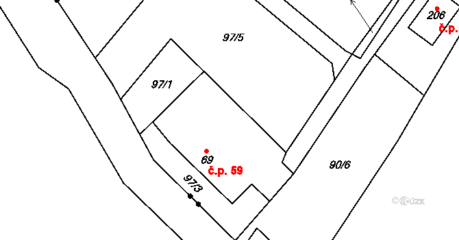 Hoření Vinice 59, Kly na parcele st. 69 v KÚ Záboří u Kel, Katastrální mapa
