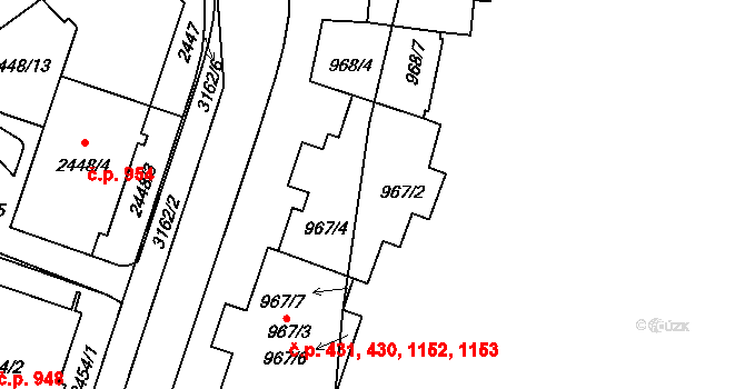 Michle 430,431,1152,1153, Praha na parcele st. 967/5 v KÚ Michle, Katastrální mapa