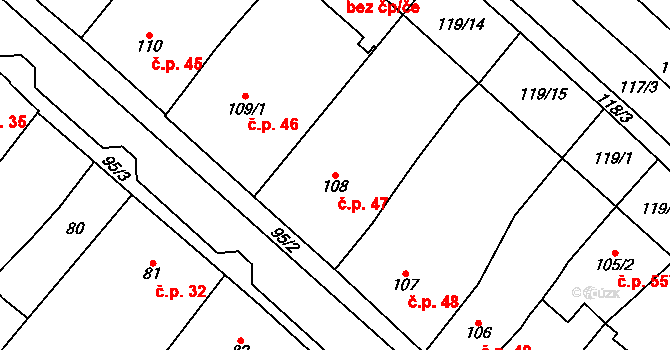 Chomutov 47 na parcele st. 108 v KÚ Chomutov I, Katastrální mapa