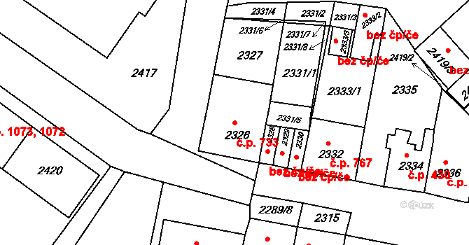 Jirkov 733 na parcele st. 2326 v KÚ Jirkov, Katastrální mapa