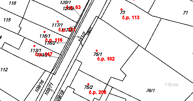 Královopolské Vážany 102, Rousínov na parcele st. 75/1 v KÚ Královopolské Vážany, Katastrální mapa