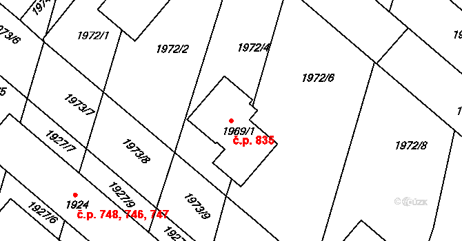 Pečky 835 na parcele st. 1969/1 v KÚ Pečky, Katastrální mapa