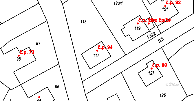 Vinařice 94, Týnec nad Labem na parcele st. 117 v KÚ Vinařice u Týnce nad Labem, Katastrální mapa