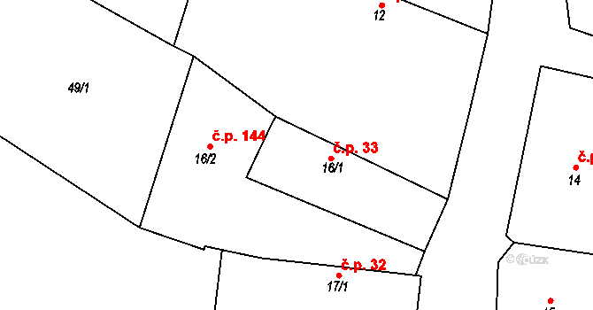 Žerčice 33 na parcele st. 16/1 v KÚ Žerčice, Katastrální mapa