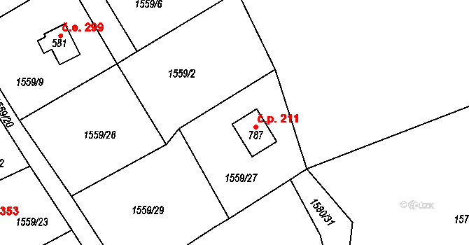 Hrusice 211 na parcele st. 787 v KÚ Hrusice, Katastrální mapa