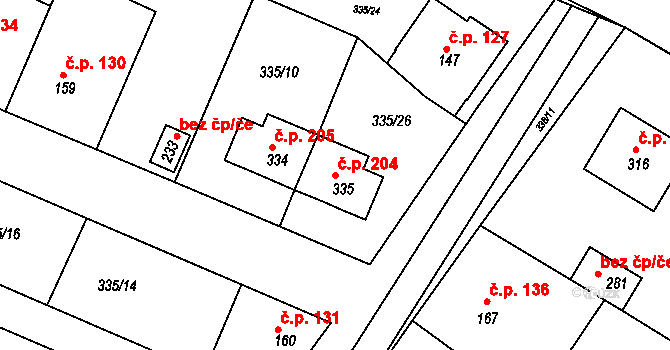 Jiřice 204, Kostelec nad Labem na parcele st. 335 v KÚ Jiřice u Kostelce nad Labem, Katastrální mapa
