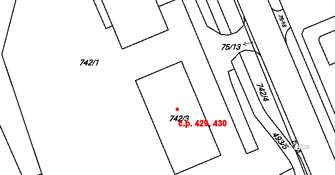 Žďár nad Sázavou 2 429,430, Žďár nad Sázavou na parcele st. 742/3 v KÚ Zámek Žďár, Katastrální mapa
