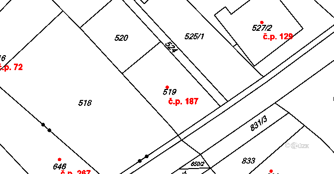 Horní Ves 187, Fryšták na parcele st. 519 v KÚ Horní Ves u Fryštáku, Katastrální mapa