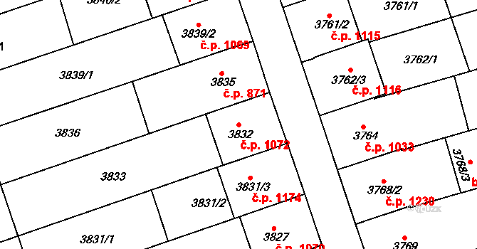 Vlčnov 1072 na parcele st. 3832 v KÚ Vlčnov, Katastrální mapa