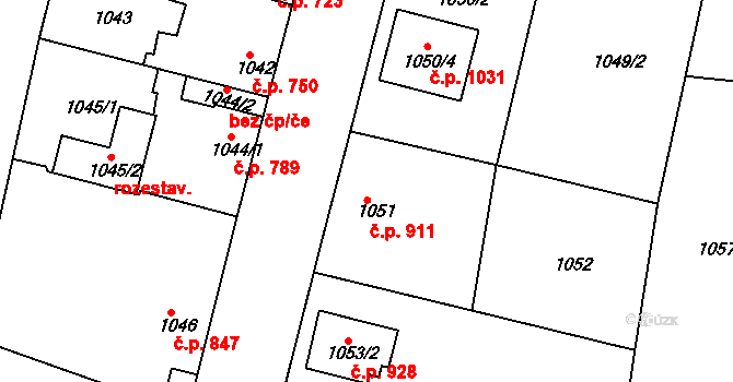 Nýřany 911 na parcele st. 1051 v KÚ Nýřany, Katastrální mapa
