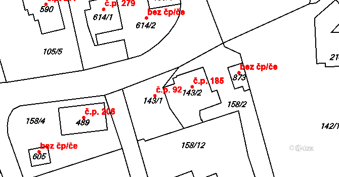 Třebotov 185 na parcele st. 143/2 v KÚ Třebotov, Katastrální mapa