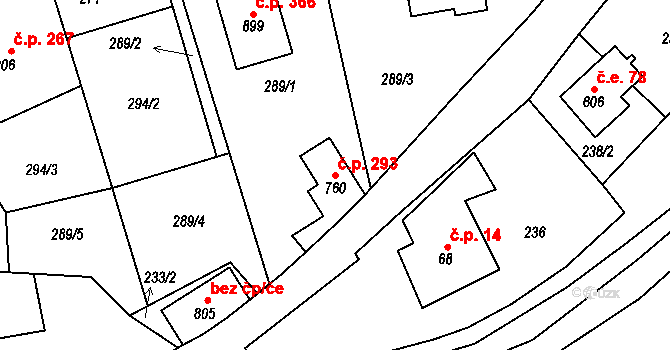 Dobřív 293 na parcele st. 760 v KÚ Dobřív, Katastrální mapa